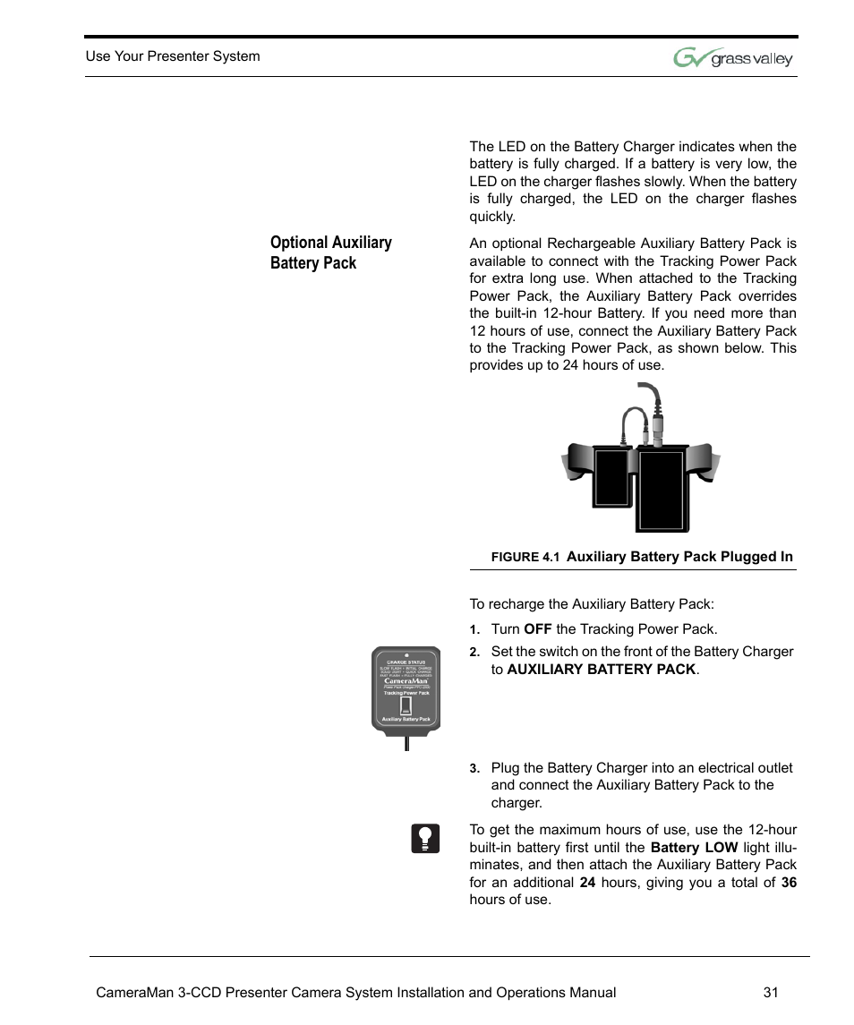 Optional auxiliary battery pack | Grass Valley 3-CCD CameraMan Rev.C User Manual | Page 37 / 70