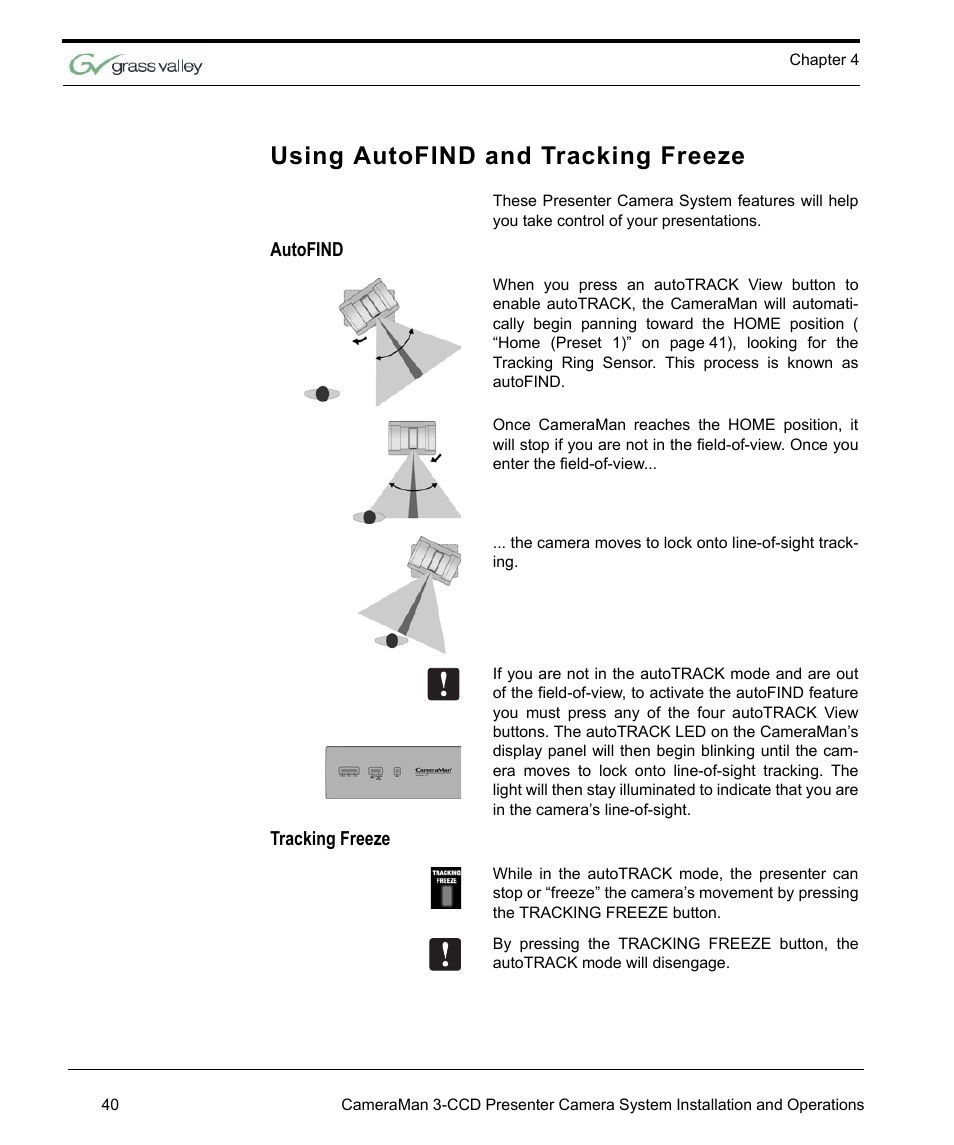 Using autofind and tracking freeze, Autofind, Tracking freeze | Grass Valley 3-CCD CameraMan Rev.C User Manual | Page 46 / 70