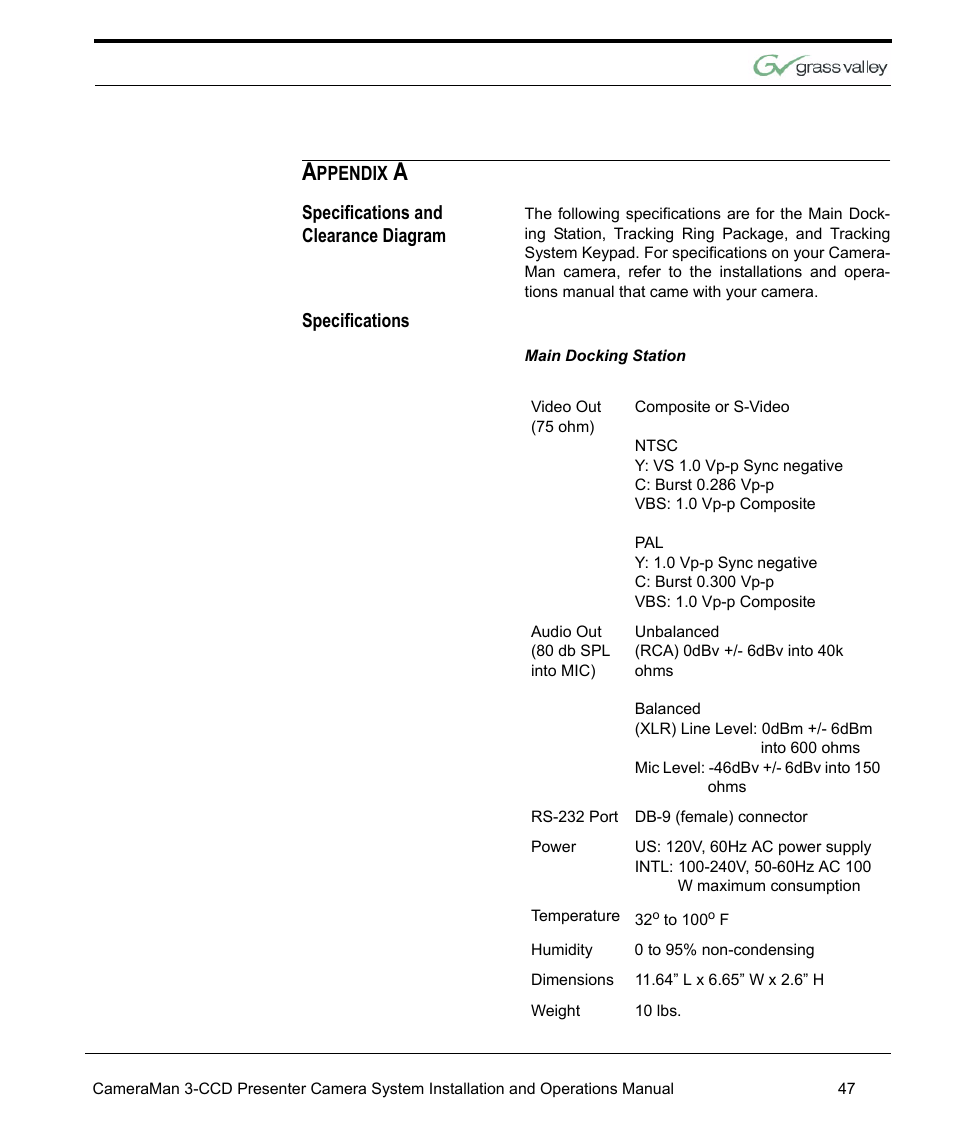 Specifications and clearance diagram, Specifications | Grass Valley 3-CCD CameraMan Rev.C User Manual | Page 53 / 70