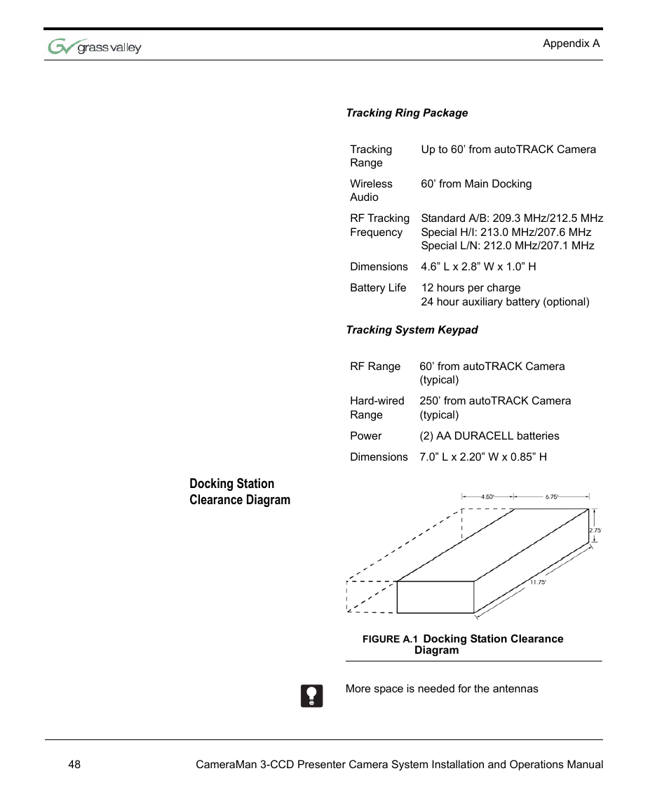 Docking station clearance diagram | Grass Valley 3-CCD CameraMan Rev.C User Manual | Page 54 / 70
