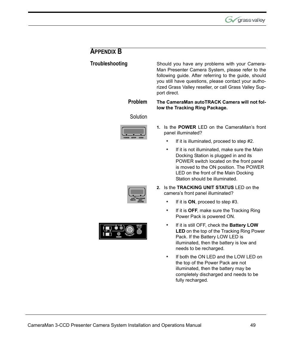 Troubleshooting, Problem, Solution | Grass Valley 3-CCD CameraMan Rev.C User Manual | Page 55 / 70
