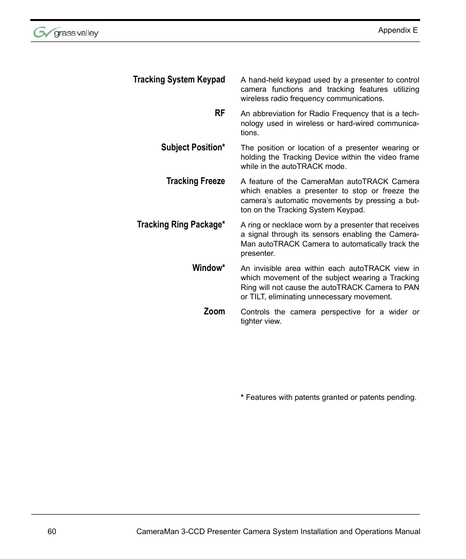 Tracking system keypad, Subject position, Tracking freeze | Tracking ring package, Window, Zoom | Grass Valley 3-CCD CameraMan Rev.C User Manual | Page 66 / 70