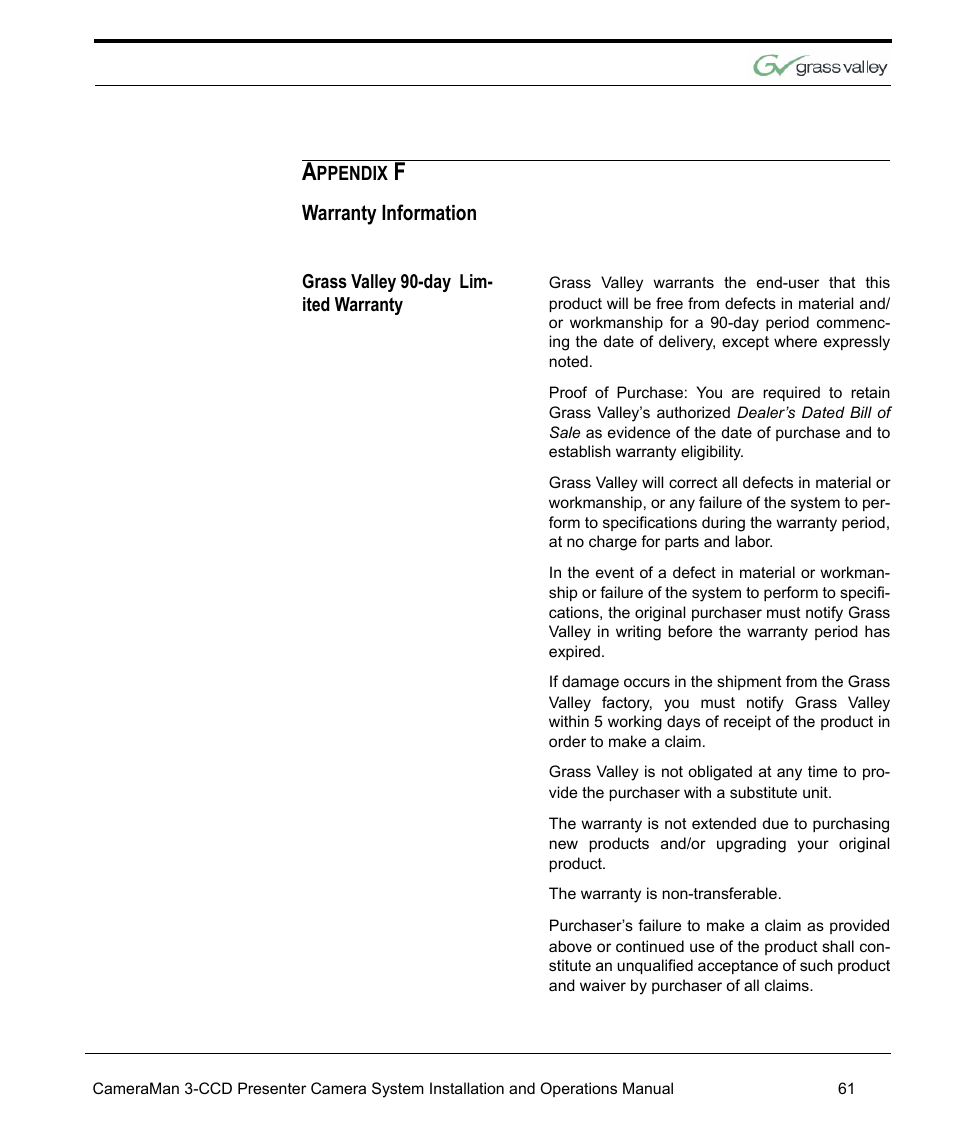 Warranty information, Grass valley 90-day lim ited warranty | Grass Valley 3-CCD CameraMan Rev.C User Manual | Page 67 / 70