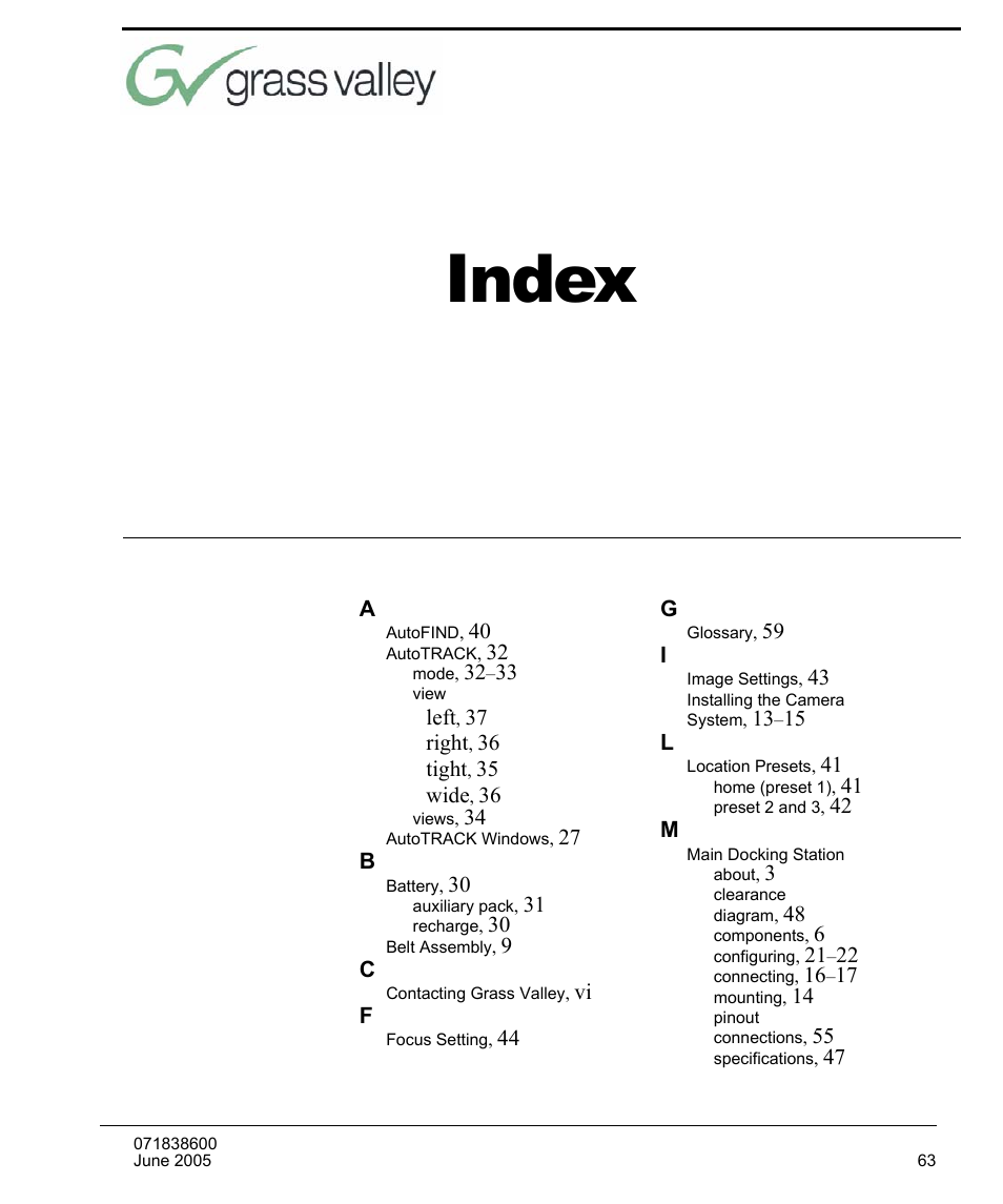 Index | Grass Valley 3-CCD CameraMan Rev.C User Manual | Page 69 / 70