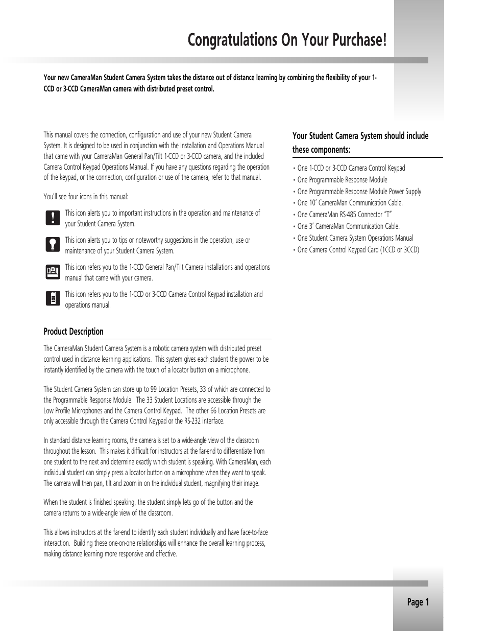 Page 1 | Grass Valley 3e Student CameraMan Rev.B User Manual | Page 4 / 17