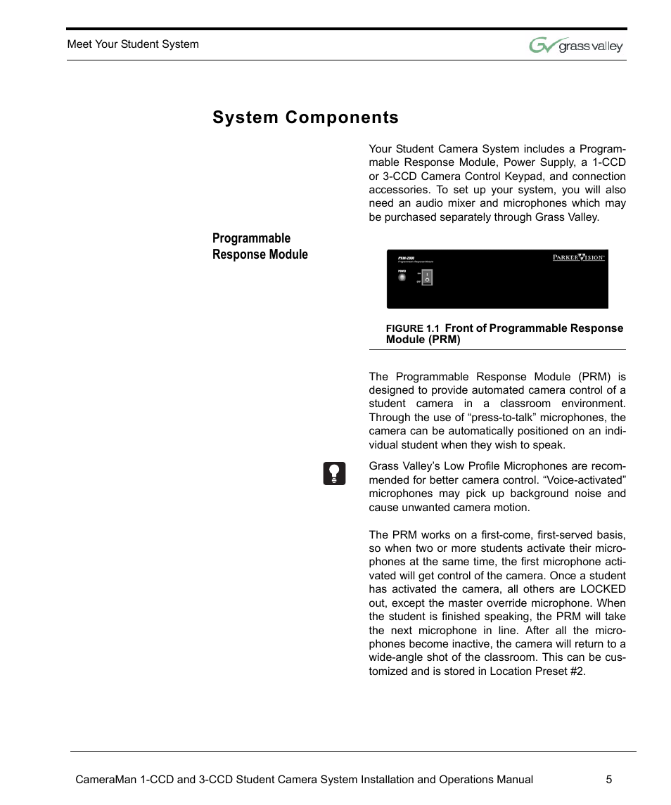 System components, Programmable response module | Grass Valley 3e Student CameraMan User Manual | Page 11 / 42