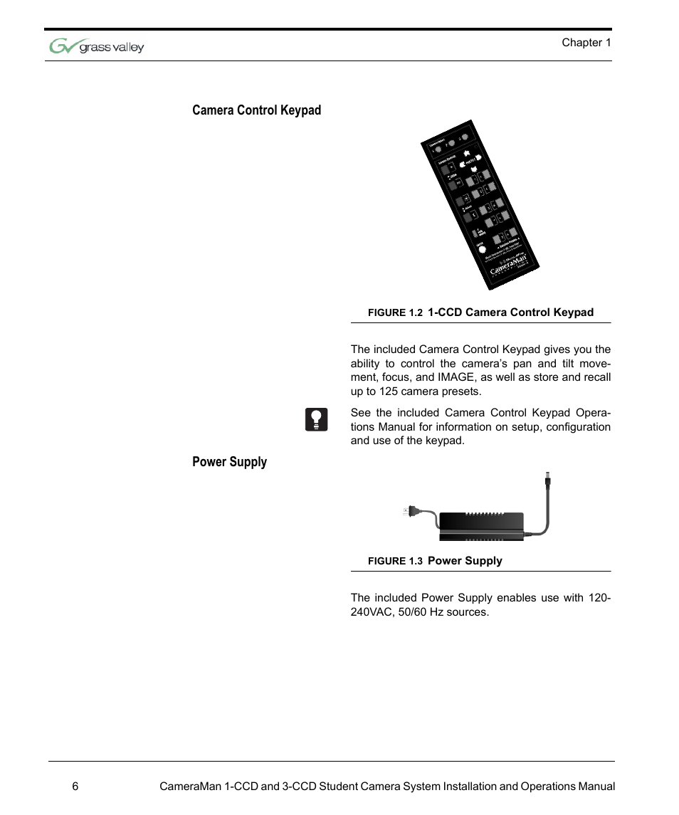 Camera control keypad, Power supply | Grass Valley 3e Student CameraMan User Manual | Page 12 / 42