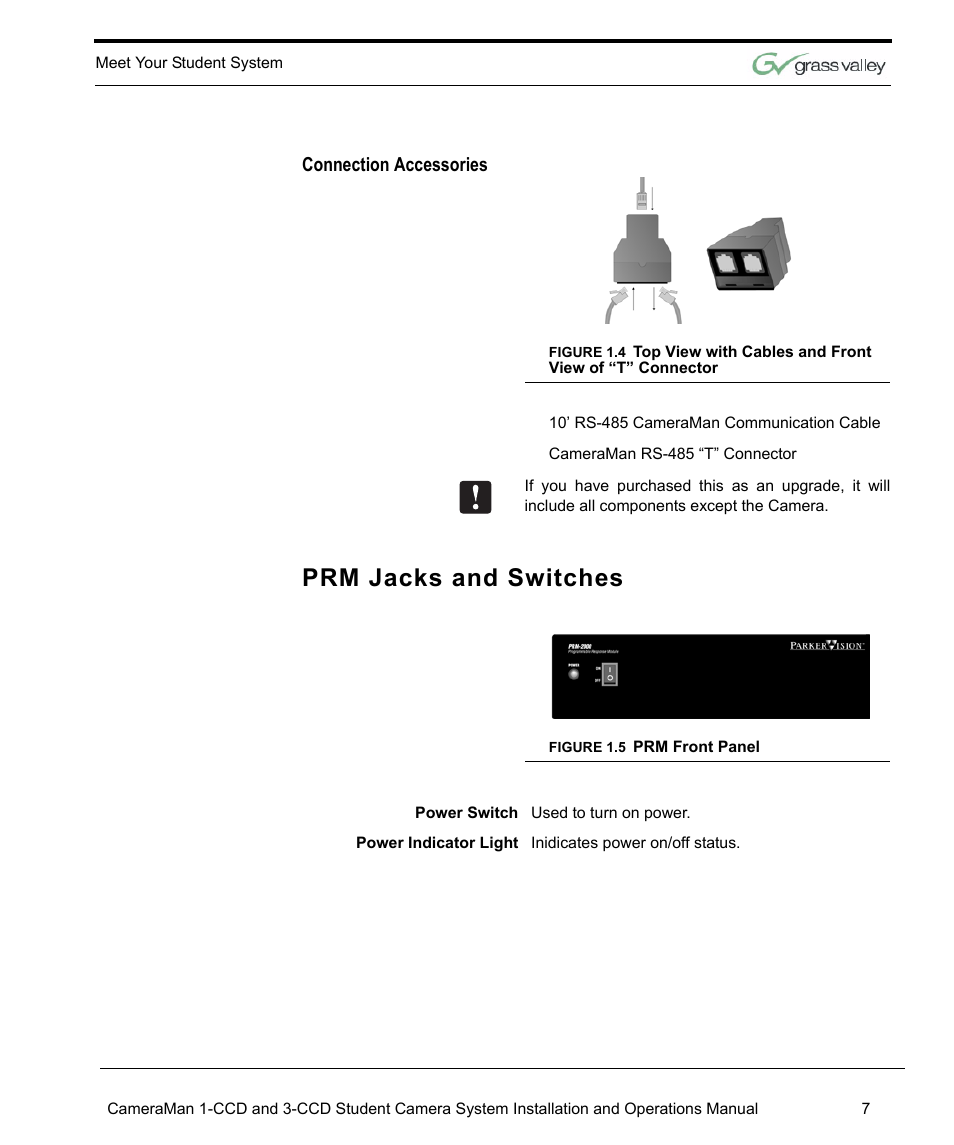 Connection accessories, Prm jacks and switches | Grass Valley 3e Student CameraMan User Manual | Page 13 / 42