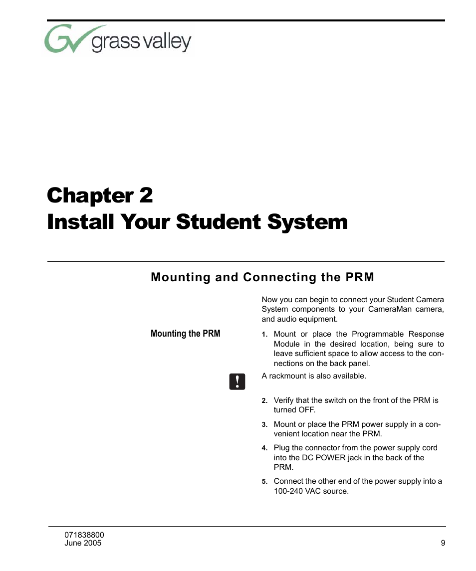 Install your student system, Mounting and connecting the prm, Mounting the prm | Chapter 2 install your student system | Grass Valley 3e Student CameraMan User Manual | Page 15 / 42