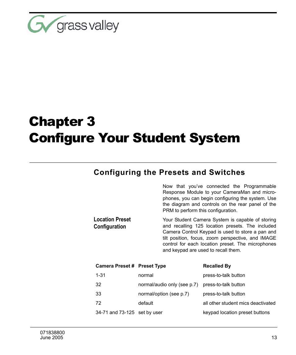 Configure your student system, Configuring the presets and switches, Location preset configuration | Chapter 3 configure your student system | Grass Valley 3e Student CameraMan User Manual | Page 19 / 42