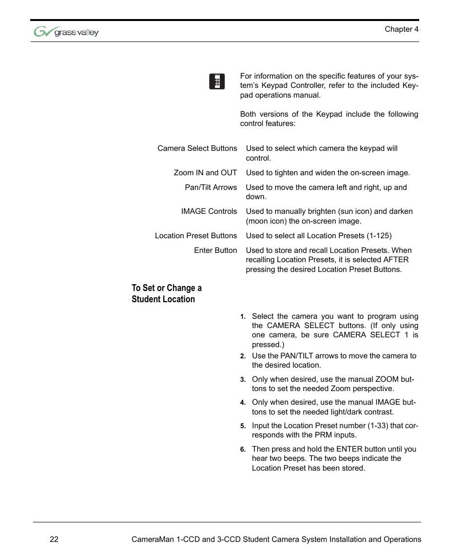 To set or change a student location | Grass Valley 3e Student CameraMan User Manual | Page 28 / 42