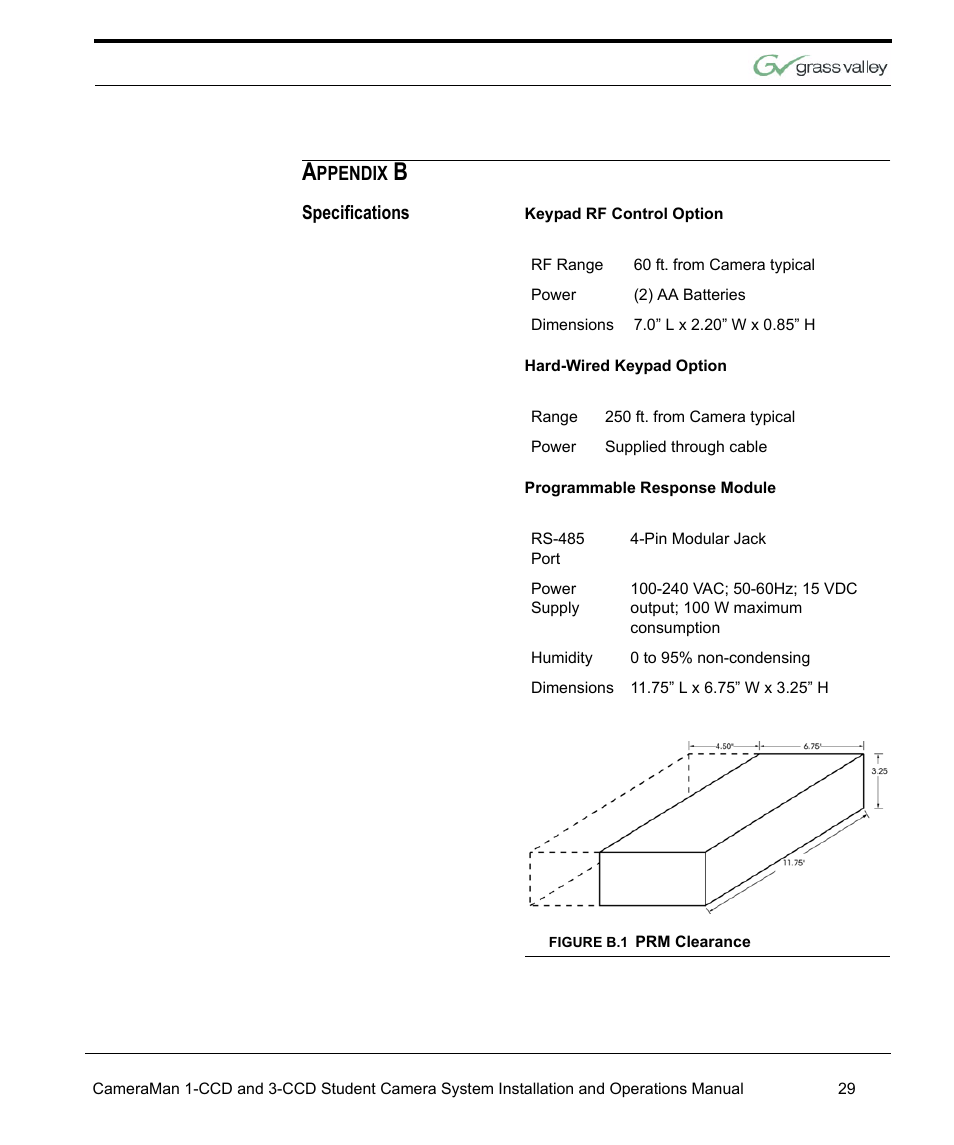 Specifications | Grass Valley 3e Student CameraMan User Manual | Page 35 / 42