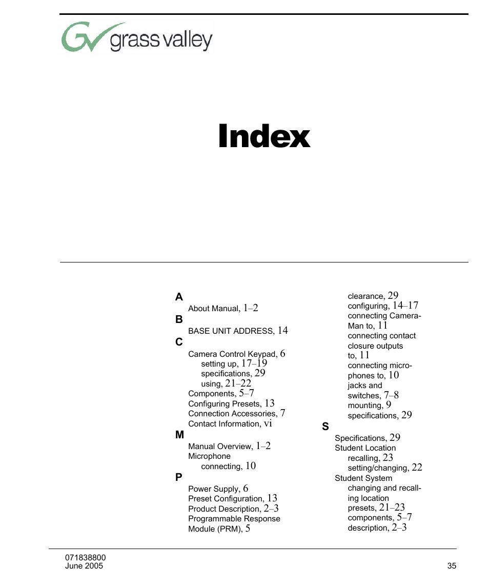 Index | Grass Valley 3e Student CameraMan User Manual | Page 41 / 42