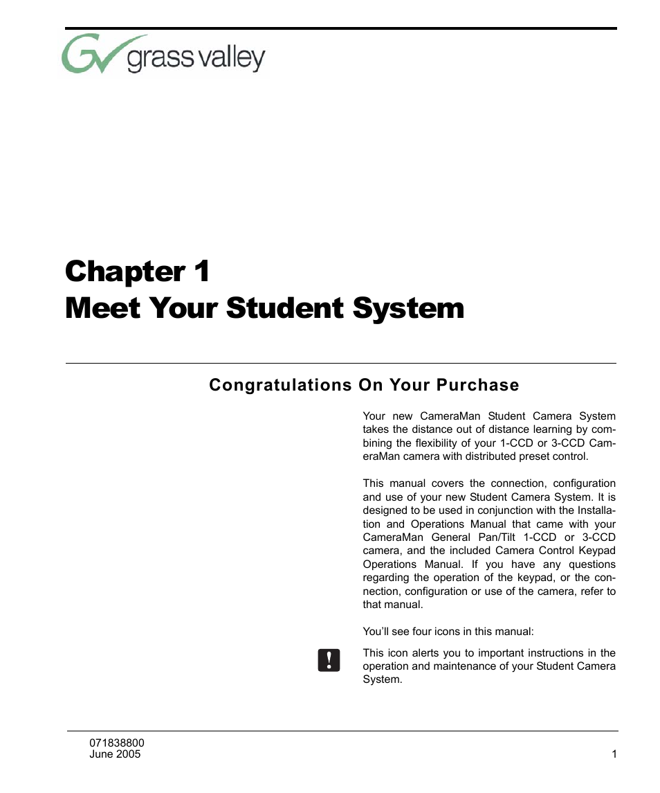 Meet your student system, Congratulations on your purchase, Chapter 1 meet your student system | Grass Valley 3e Student CameraMan User Manual | Page 7 / 42