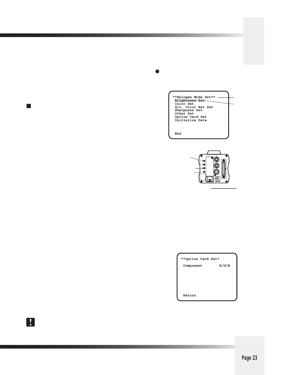 Appendix h: on-screen camera menus, Page 23, Setup procedures (output signal selection) | Main menu screen, Ccd analog camera, Hs e | Grass Valley 3-CCD ANALOG CameraMan Rev.D1 User Manual | Page 26 / 36