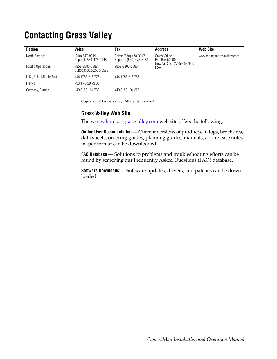 Contacting grass valley, Grass valley web site | Grass Valley 3-CCD ANALOG CameraMan Rev.B User Manual | Page 2 / 28