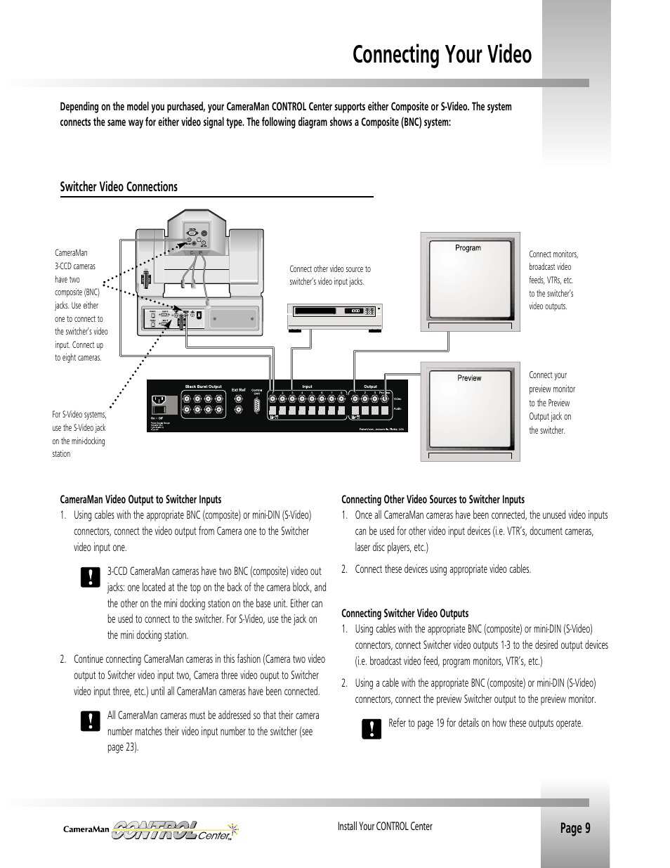 Connecting your video, Page 9 | Grass Valley CONTROL Center CameraMan Rev.B User Manual | Page 12 / 52