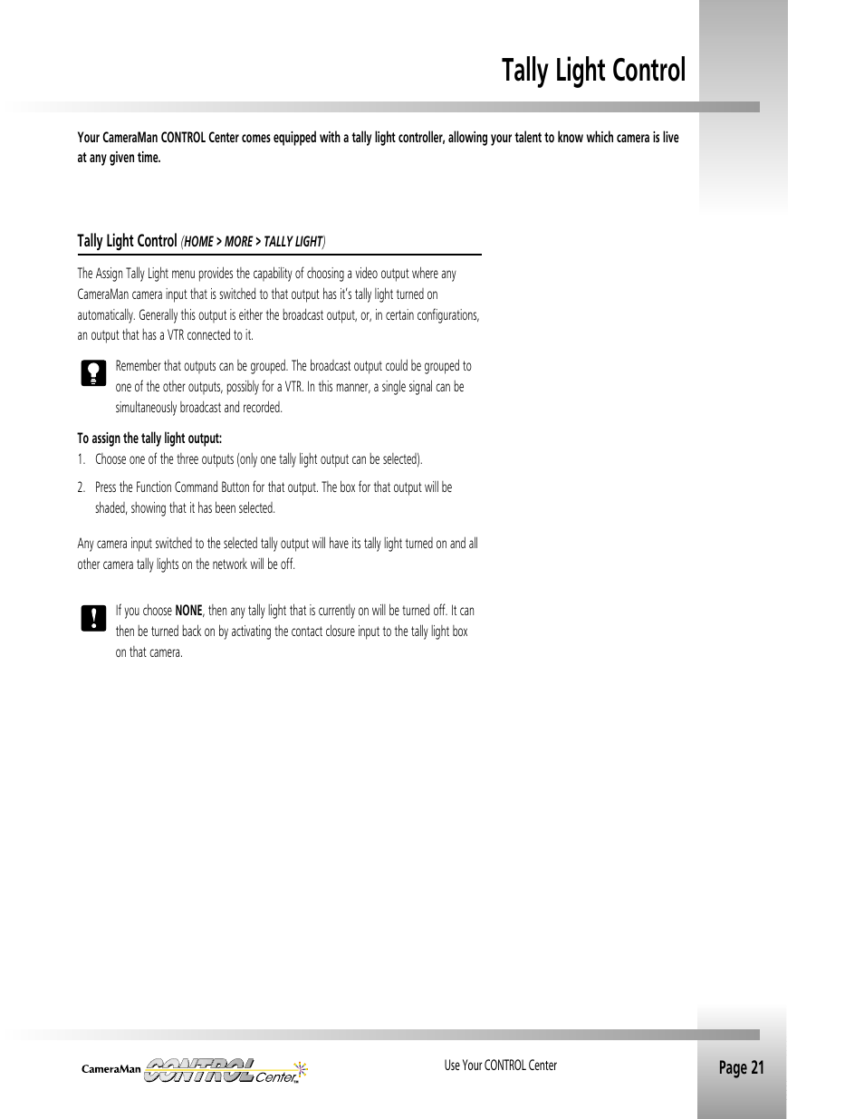 Tally light control | Grass Valley CONTROL Center CameraMan Rev.B User Manual | Page 24 / 52