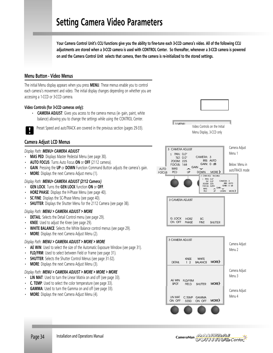 Setting camera video parameters, Page 34 | Grass Valley CONTROL Center CameraMan Rev.B User Manual | Page 37 / 52