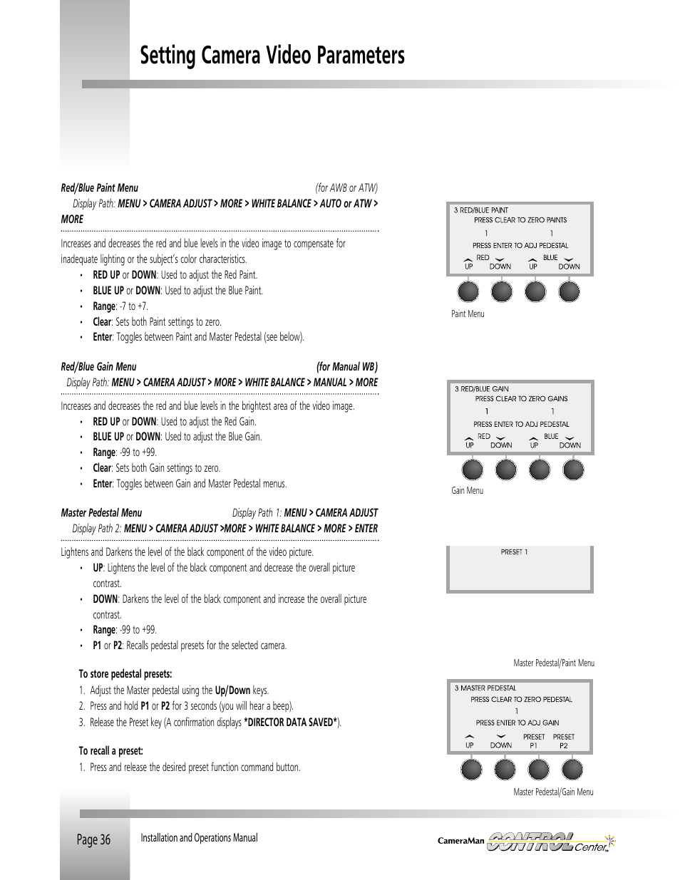 Setting camera video parameters, Page 36 | Grass Valley CONTROL Center CameraMan Rev.B User Manual | Page 39 / 52