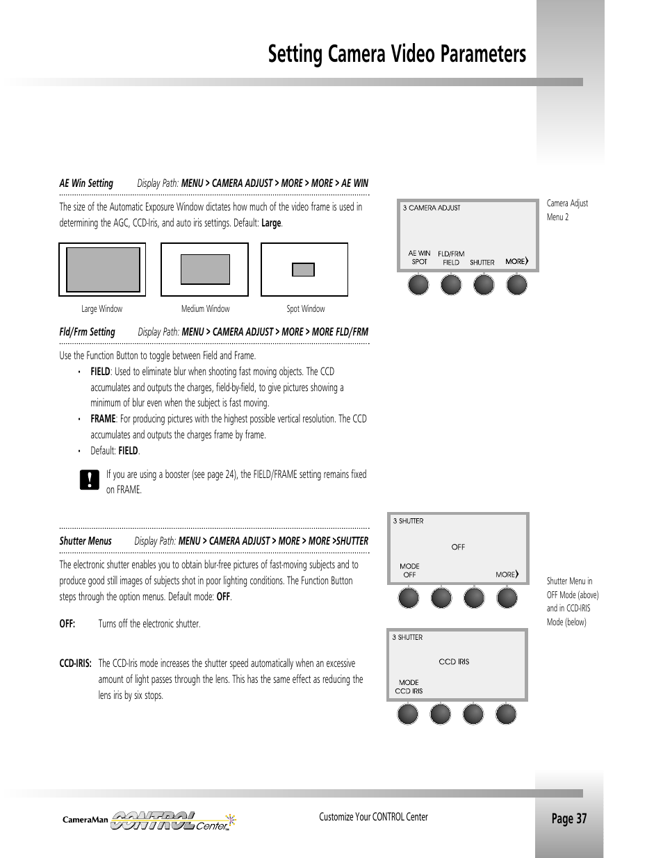 Setting camera video parameters, Page 37 | Grass Valley CONTROL Center CameraMan Rev.B User Manual | Page 40 / 52