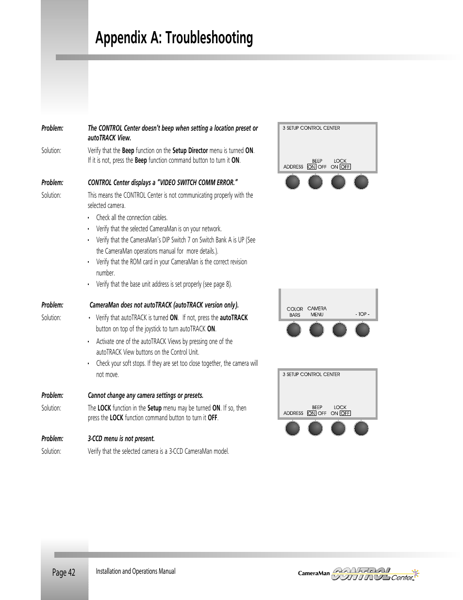 Appendix a: troubleshooting | Grass Valley CONTROL Center CameraMan Rev.B User Manual | Page 45 / 52