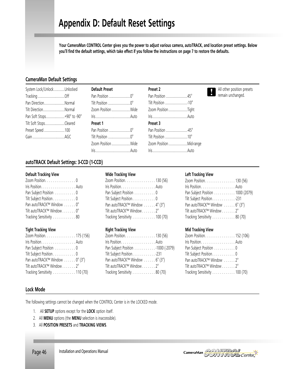 Appendix d: default reset settings | Grass Valley CONTROL Center CameraMan Rev.B User Manual | Page 49 / 52