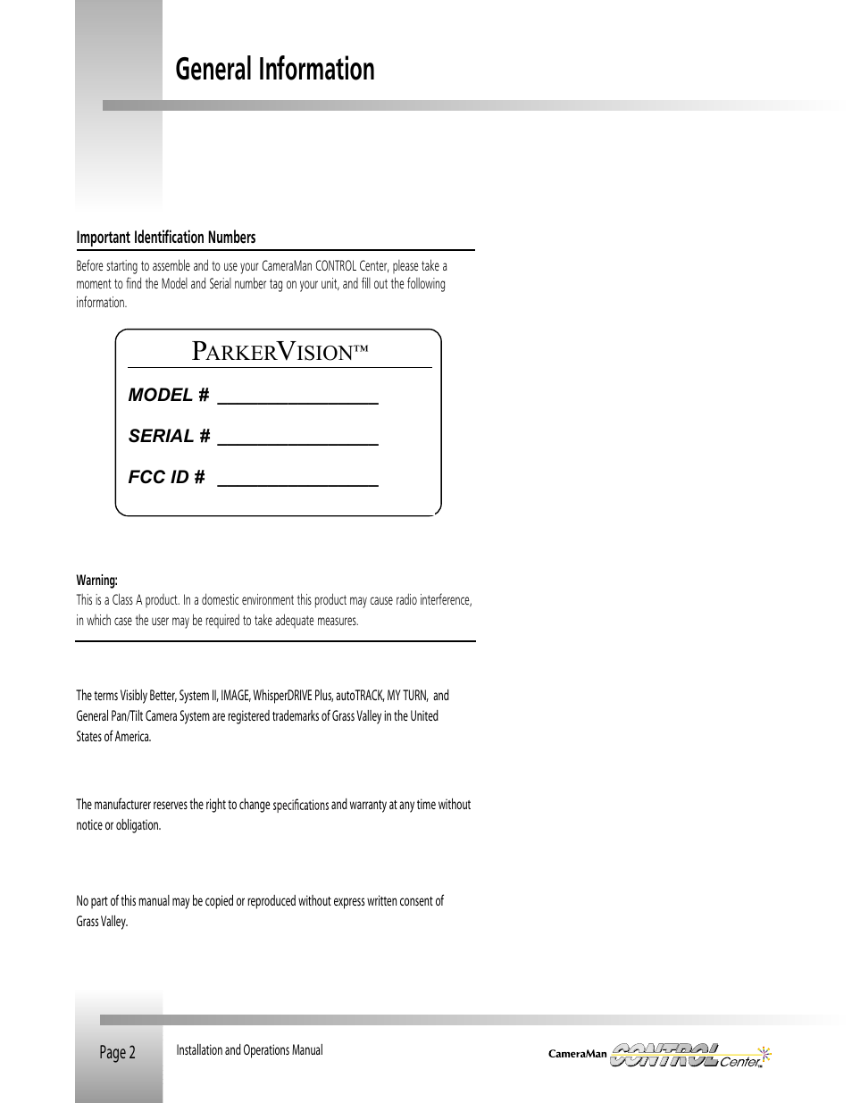 General information | Grass Valley CONTROL Center CameraMan Rev.B User Manual | Page 5 / 52