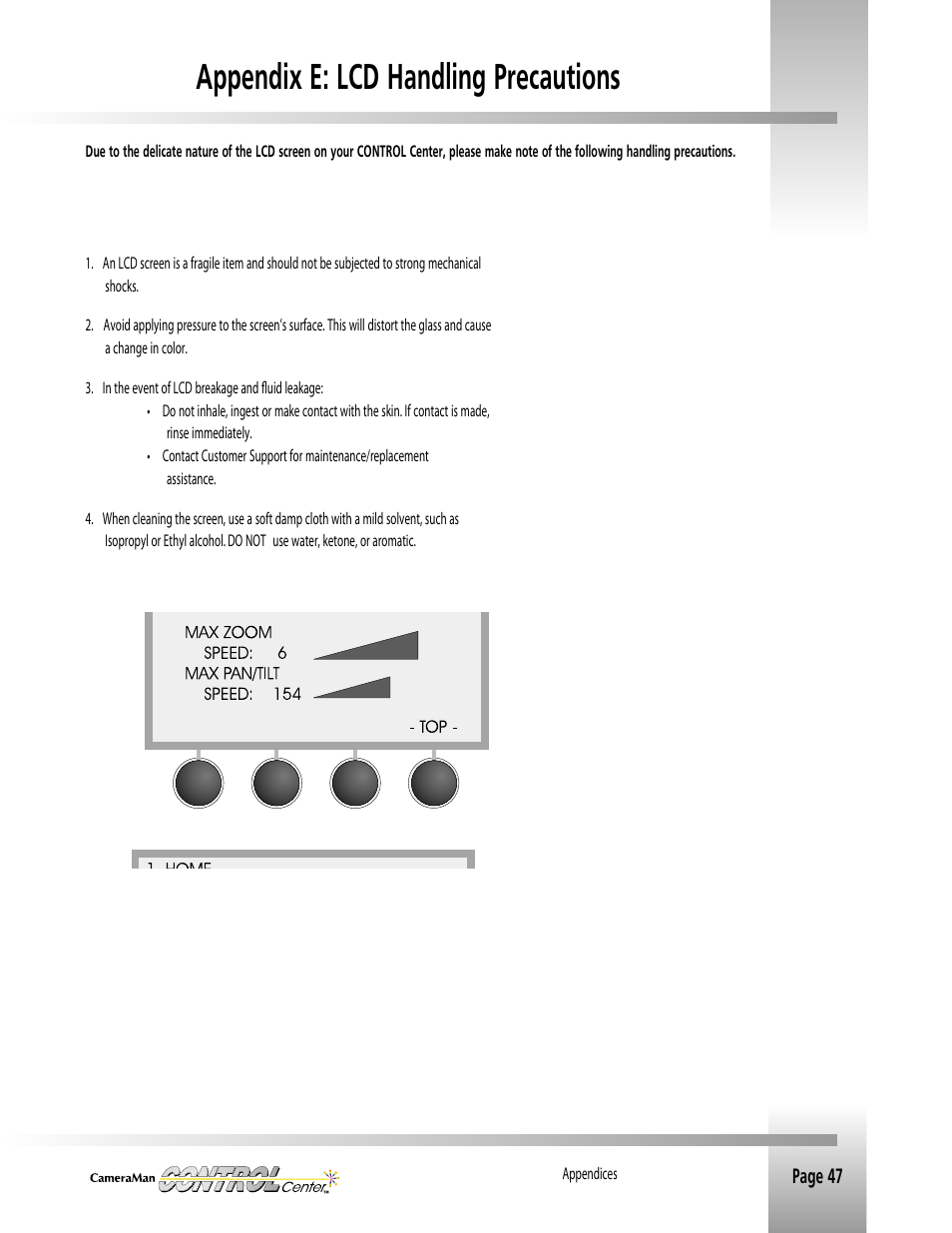 Appendix e: lcd handling precautions | Grass Valley CONTROL Center CameraMan Rev.B User Manual | Page 50 / 52