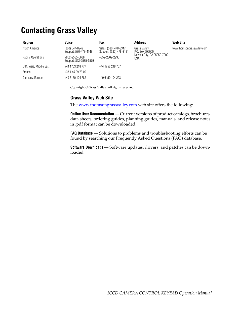 Contacting grass valley, Grass valley web site | Grass Valley 1-CCD CameraMan Rev.D1 User Manual | Page 2 / 19