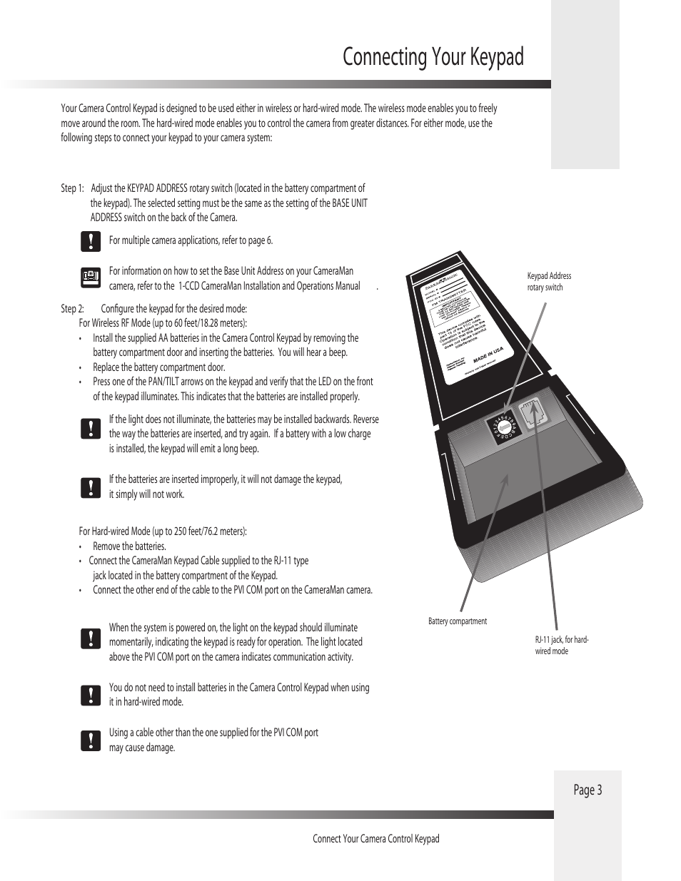 Connecting your keypad, Page 3 | Grass Valley 1-CCD CameraMan Rev.D1 User Manual | Page 6 / 19