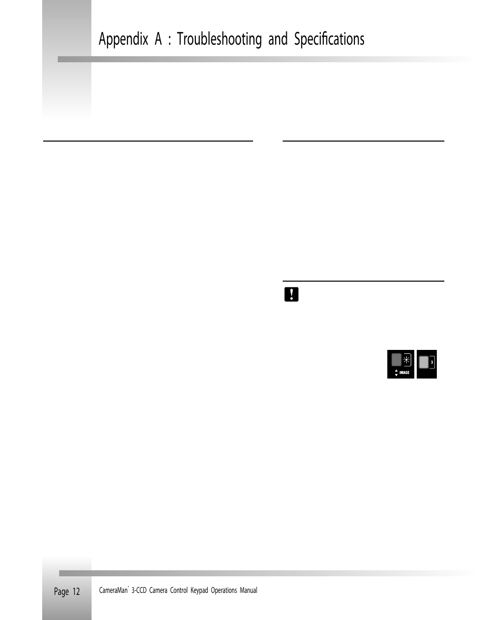 Appendix a : troubleshooting and specifications, Page 12 | Grass Valley CameraMan Control Keypad User Manual | Page 15 / 17