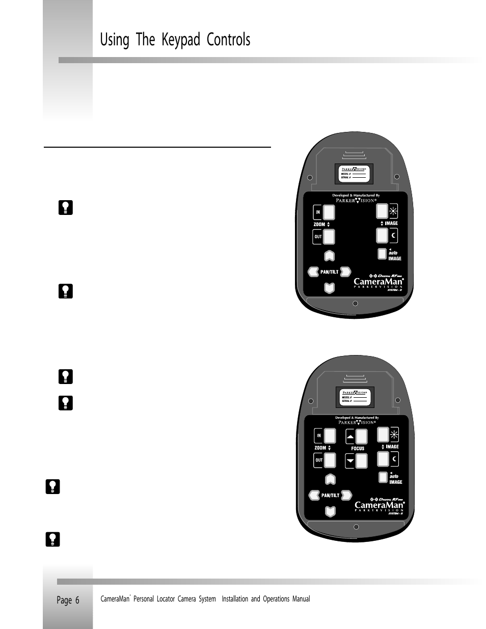 Using the keypad controls, Page 6 | Grass Valley Personal Locator System CameraMan User Manual | Page 9 / 17