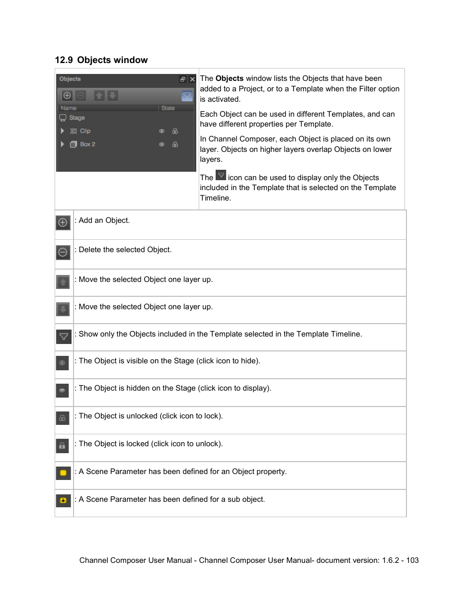 9 objects window, Objects window | Grass Valley Channel Composer v.1.6.2 User Manual | Page 104 / 112