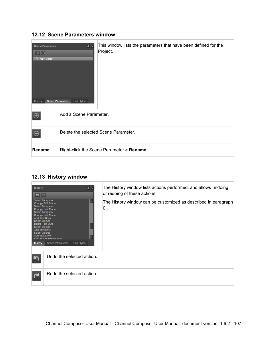 12 scene parameters window, 13 history window, Scene parameters window | History window | Grass Valley Channel Composer v.1.6.2 User Manual | Page 108 / 112