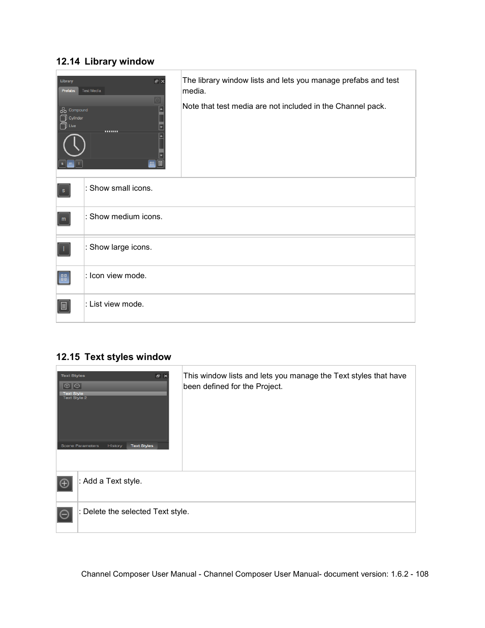 14 library window, 15 text styles window, Library window | Text styles window | Grass Valley Channel Composer v.1.6.2 User Manual | Page 109 / 112