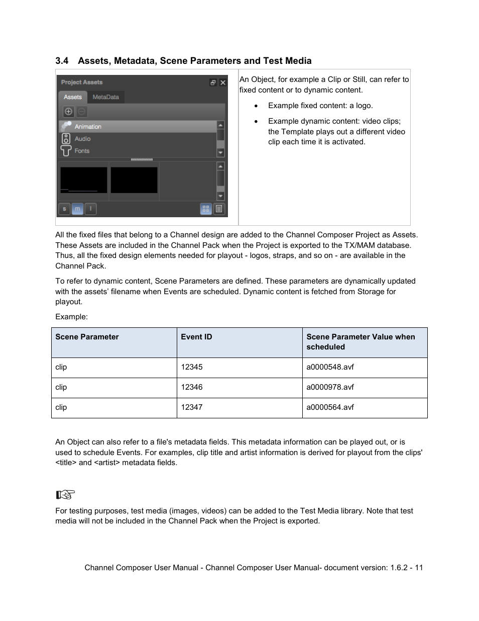 Assets, metadata, scene parameters and test media | Grass Valley Channel Composer v.1.6.2 User Manual | Page 12 / 112
