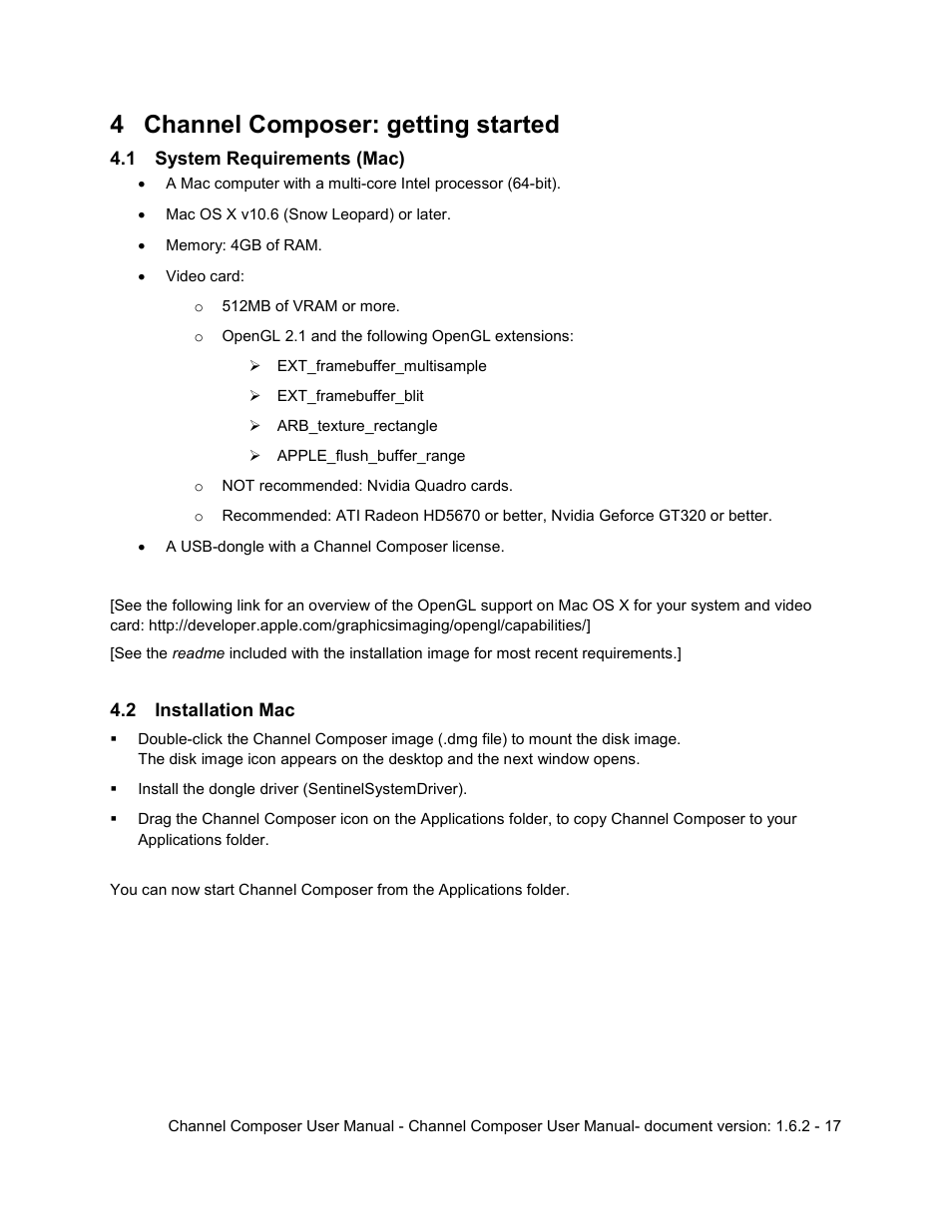 4 channel composer: getting started, 1 system requirements (mac), 2 installation mac | Channel composer: getting started, System requirements (mac), Installation mac | Grass Valley Channel Composer v.1.6.2 User Manual | Page 18 / 112