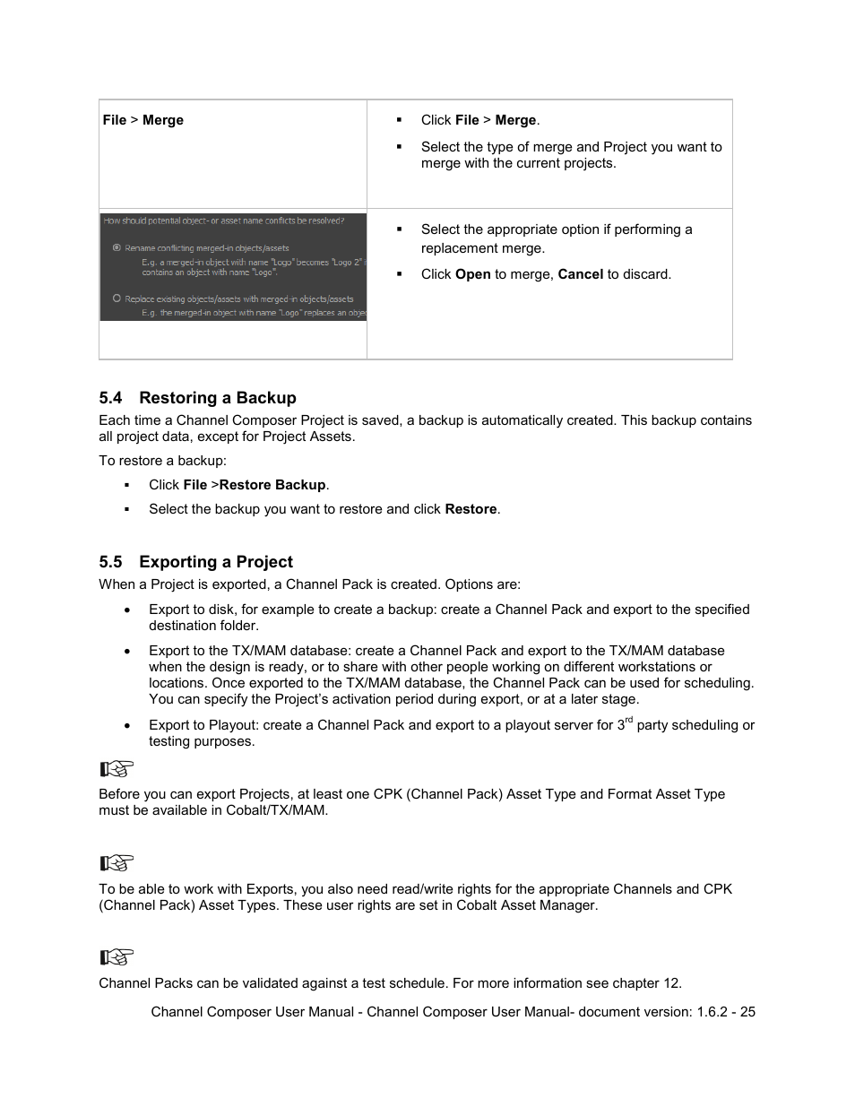 4 restoring a backup, 5 exporting a project, Restoring a backup | Exporting a project | Grass Valley Channel Composer v.1.6.2 User Manual | Page 26 / 112