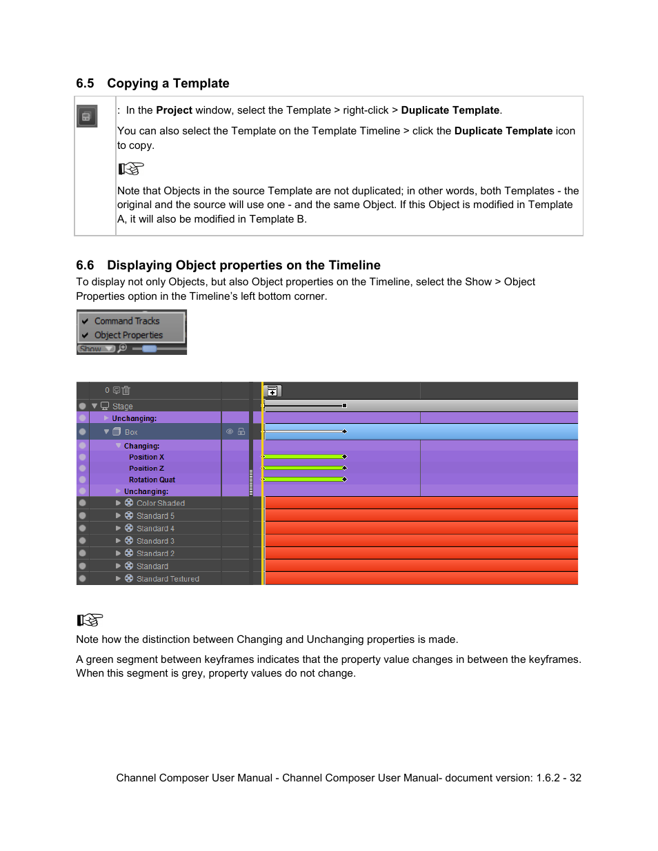 5 copying a template, 6 displaying object properties on the timeline, Copying a template | Displaying object properties on the timeline | Grass Valley Channel Composer v.1.6.2 User Manual | Page 33 / 112