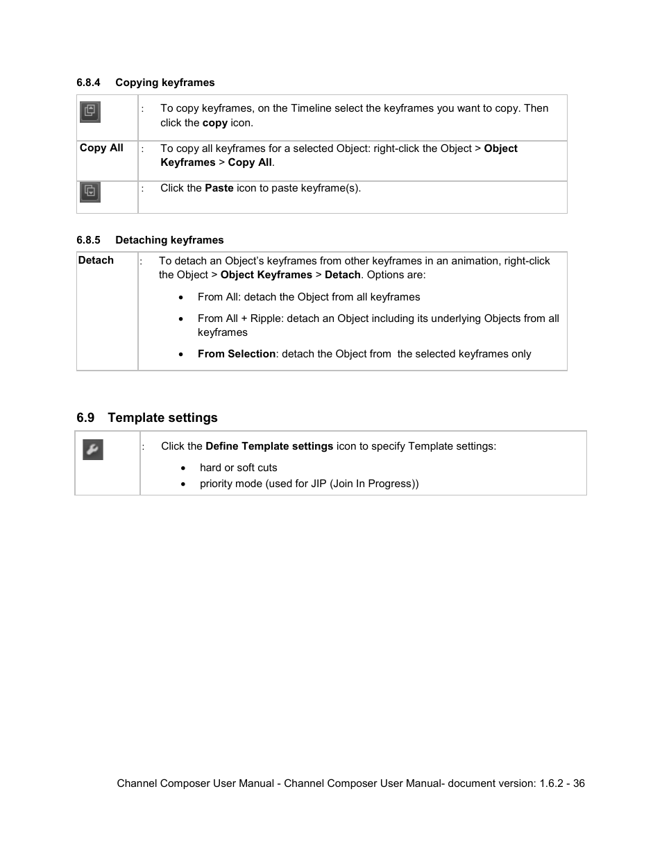 4 copying keyframes, 5 detaching keyframes, 9 template settings | Template settings | Grass Valley Channel Composer v.1.6.2 User Manual | Page 37 / 112