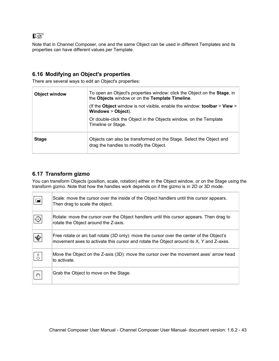 16 modifying an object's properties, 17 transform gizmo, Modifying an object's properties | Transform gizmo | Grass Valley Channel Composer v.1.6.2 User Manual | Page 44 / 112