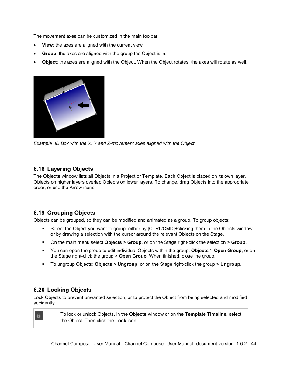 18 layering objects, 19 grouping objects, 20 locking objects | Layering objects, Grouping objects, Locking objects | Grass Valley Channel Composer v.1.6.2 User Manual | Page 45 / 112