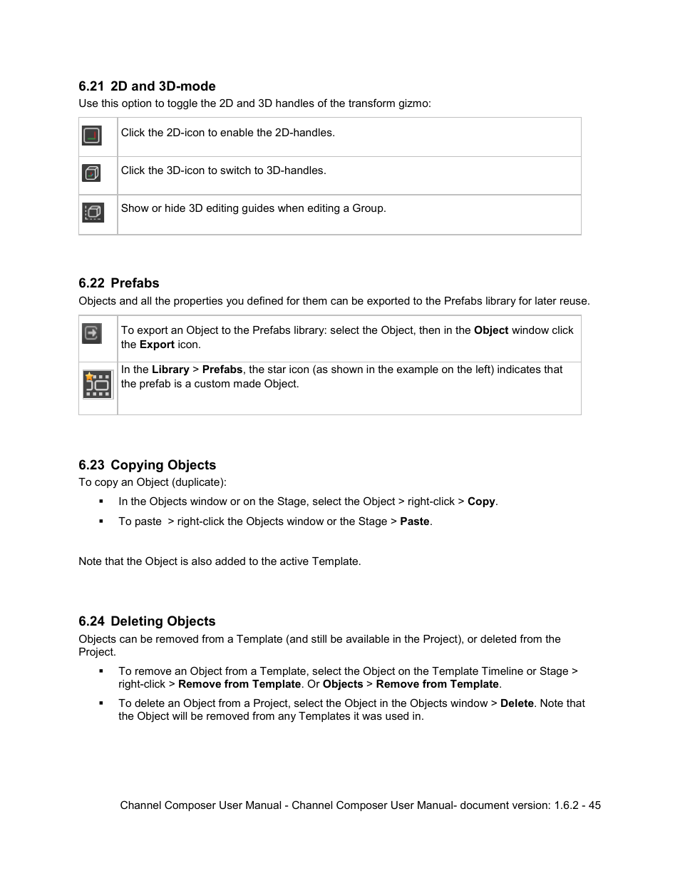 21 2d and 3d-mode, 22 prefabs, 23 copying objects | 24 deleting objects, 2d and 3d-mode, Prefabs, Copying objects, Deleting objects | Grass Valley Channel Composer v.1.6.2 User Manual | Page 46 / 112