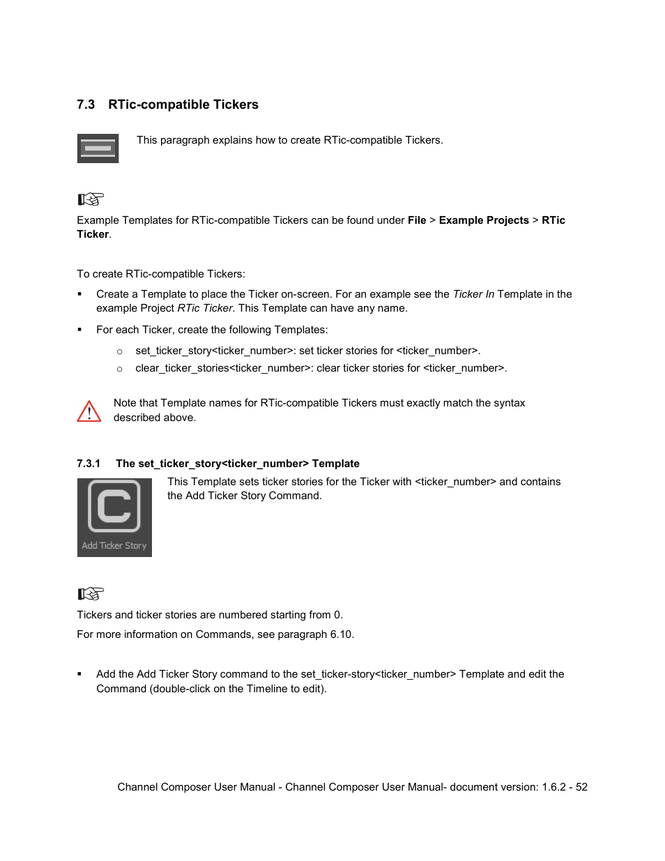 3 rtic-compatible tickers, 1 the set_ticker_story<ticker_number> template, Rtic-compatible tickers | Grass Valley Channel Composer v.1.6.2 User Manual | Page 53 / 112