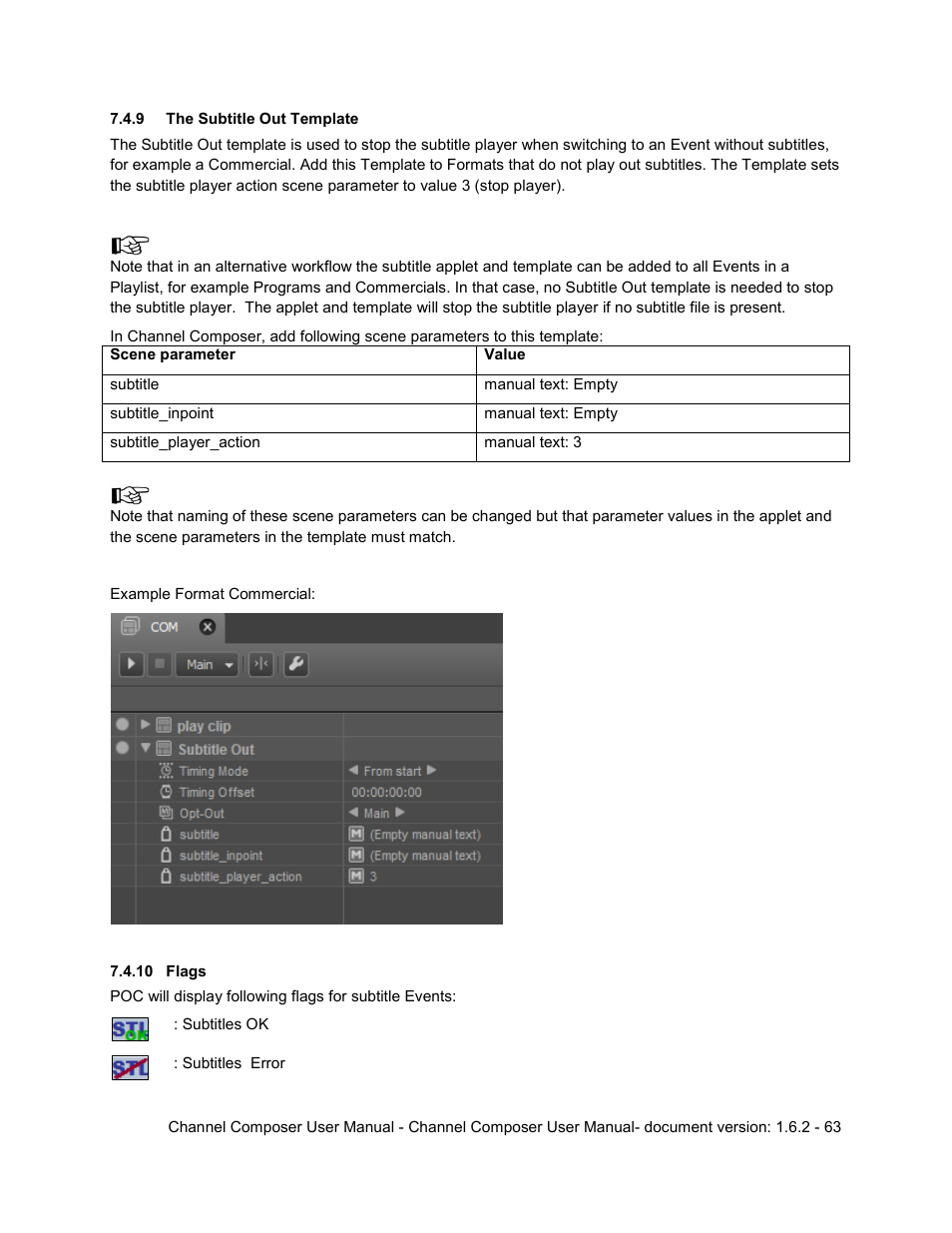 9 the subtitle out template, 10 flags | Grass Valley Channel Composer v.1.6.2 User Manual | Page 64 / 112