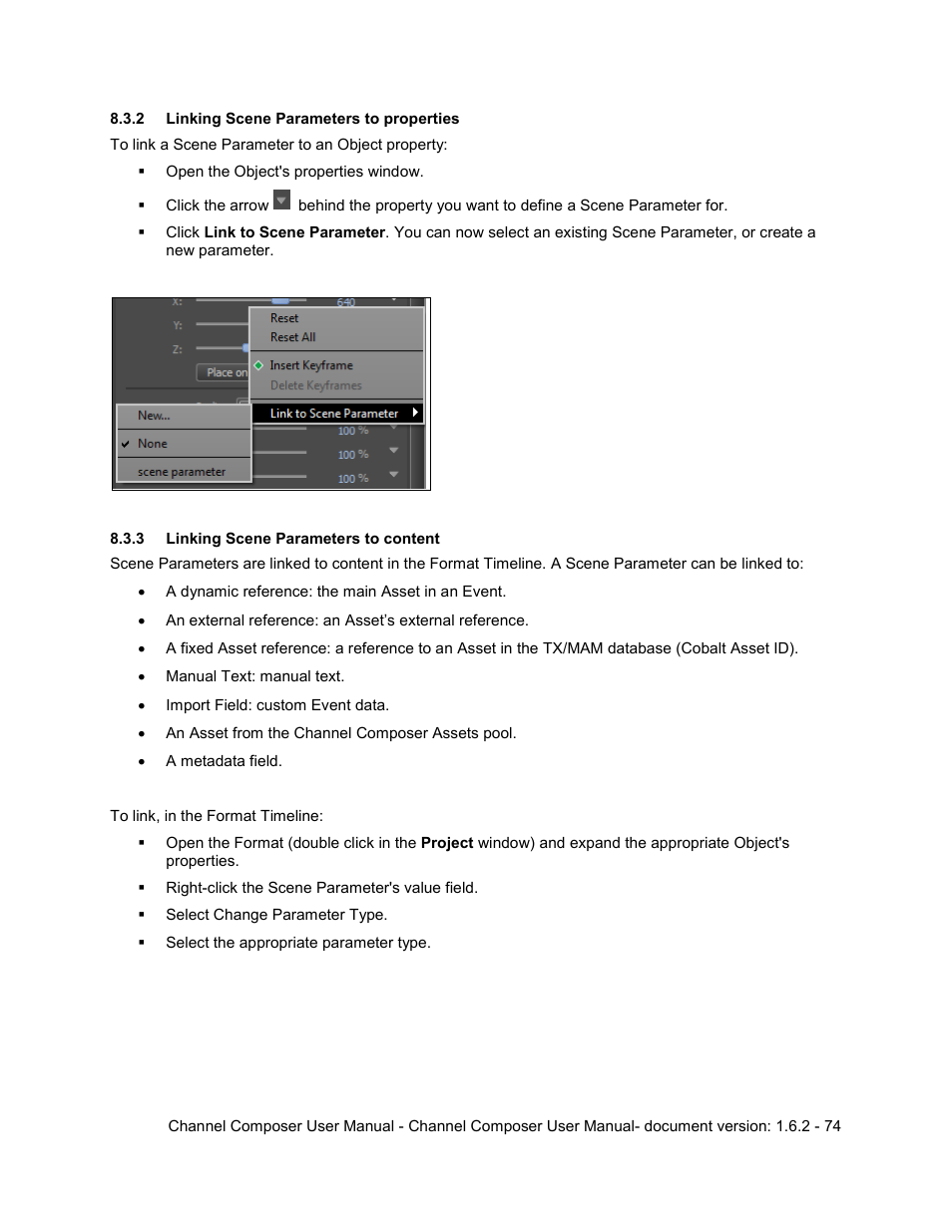 2 linking scene parameters to properties, 3 linking scene parameters to content | Grass Valley Channel Composer v.1.6.2 User Manual | Page 75 / 112
