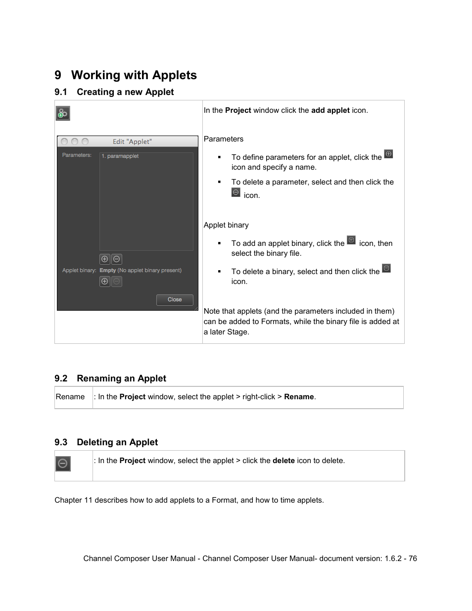 9 working with applets, 1 creating a new applet, 2 renaming an applet | 3 deleting an applet, Working with applets, Creating a new applet, Renaming an applet, Deleting an applet | Grass Valley Channel Composer v.1.6.2 User Manual | Page 77 / 112