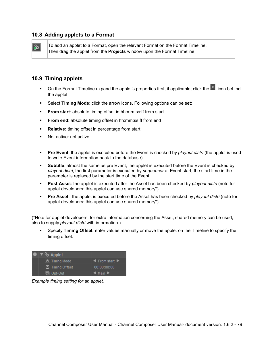 8 adding applets to a format, 9 timing applets, Adding applets to a format | Timing applets | Grass Valley Channel Composer v.1.6.2 User Manual | Page 80 / 112