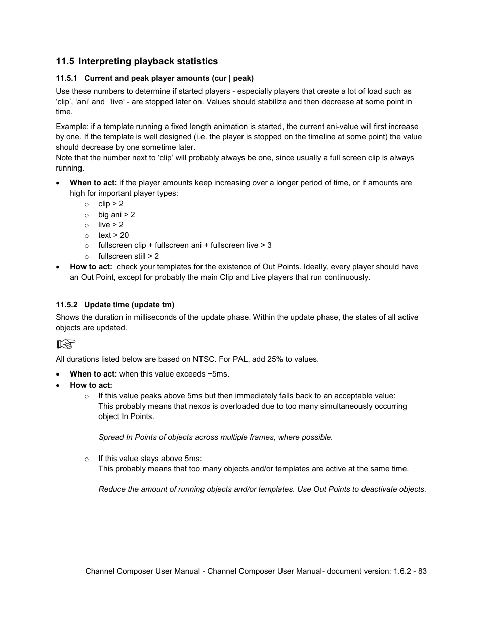 5 interpreting playback statistics, 1 current and peak player amounts (cur | peak), 2 update time (update tm) | Interpreting playback statistics | Grass Valley Channel Composer v.1.6.2 User Manual | Page 84 / 112